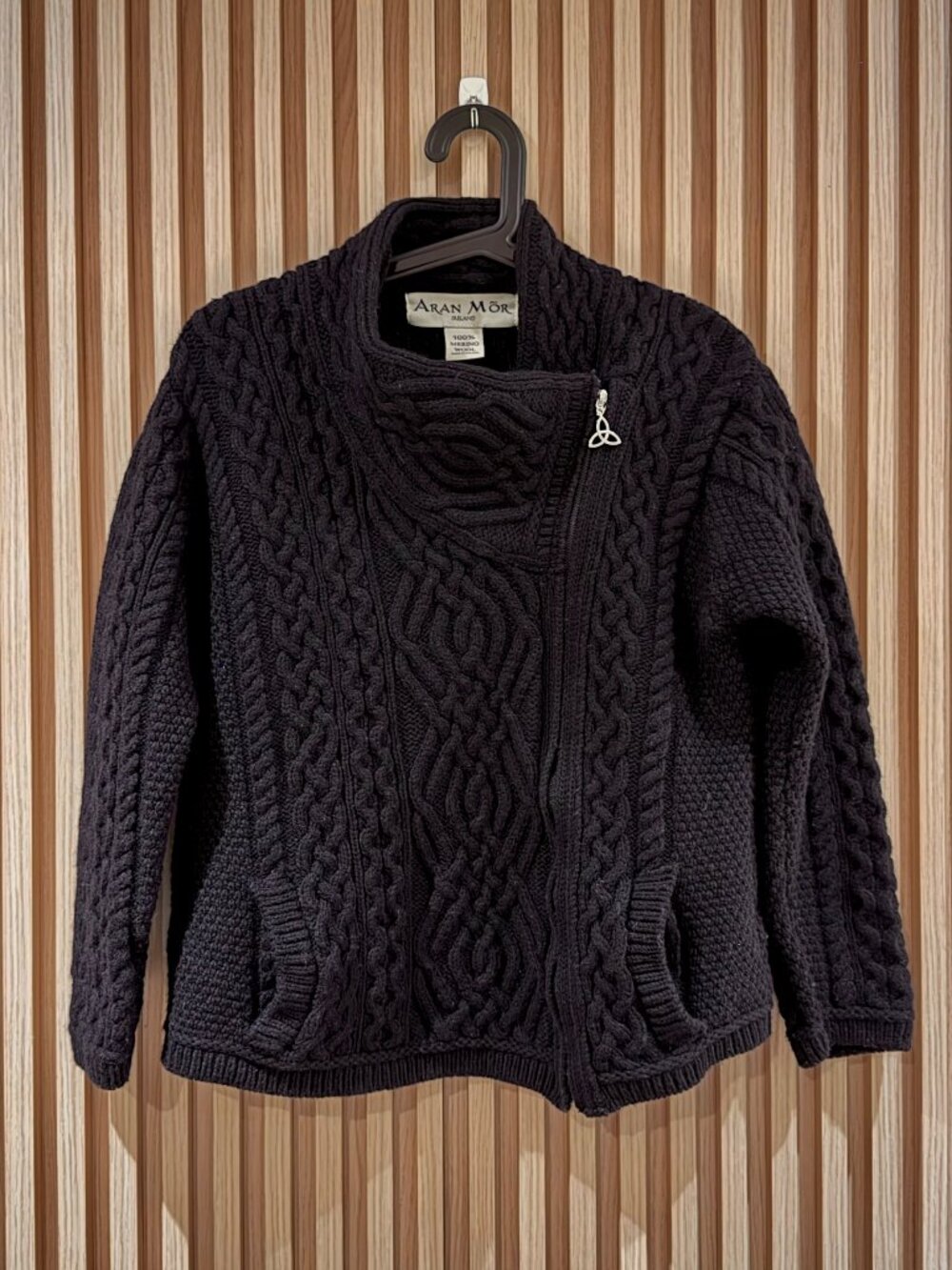 Aran Mor 100% Irish Merino Wool Sweater | Asymmetrical Zip | Black, Size Large